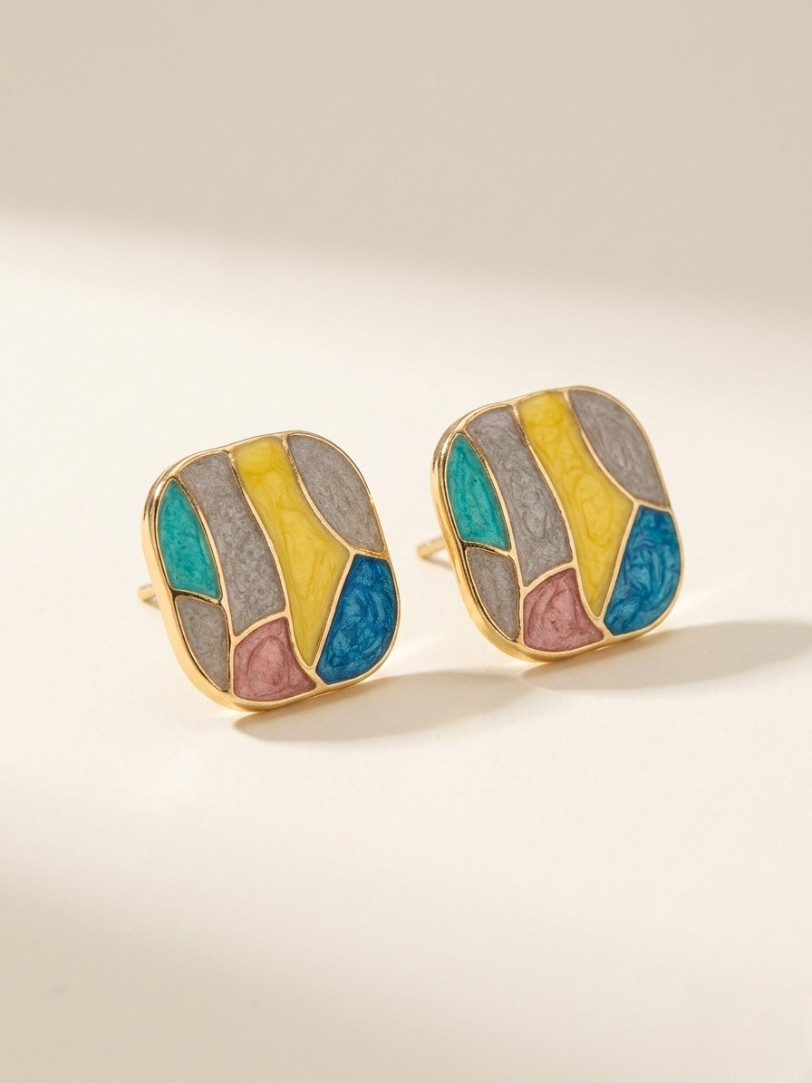 Abstract Mosaic Color Block Stud Earrings