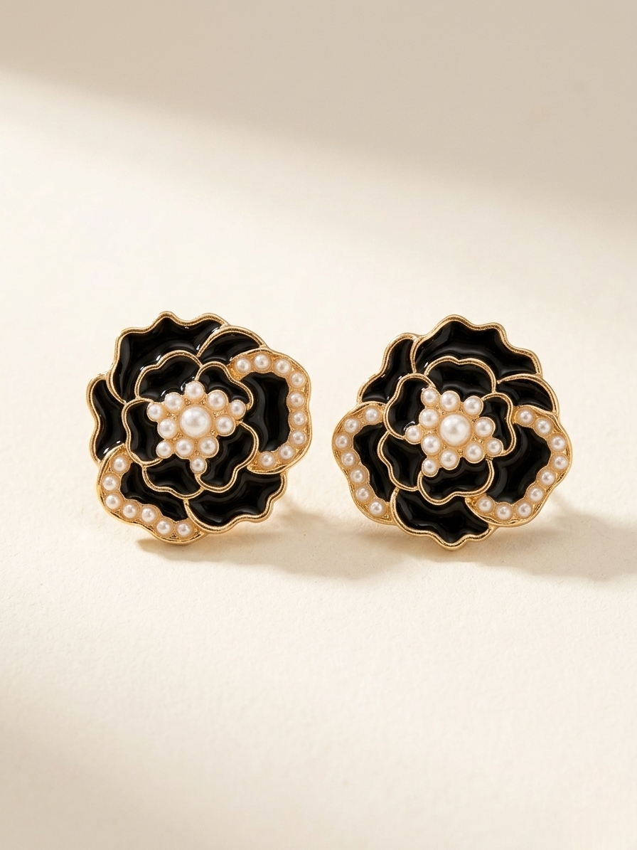 Black Enamel Rose Pearl Stud Earrings