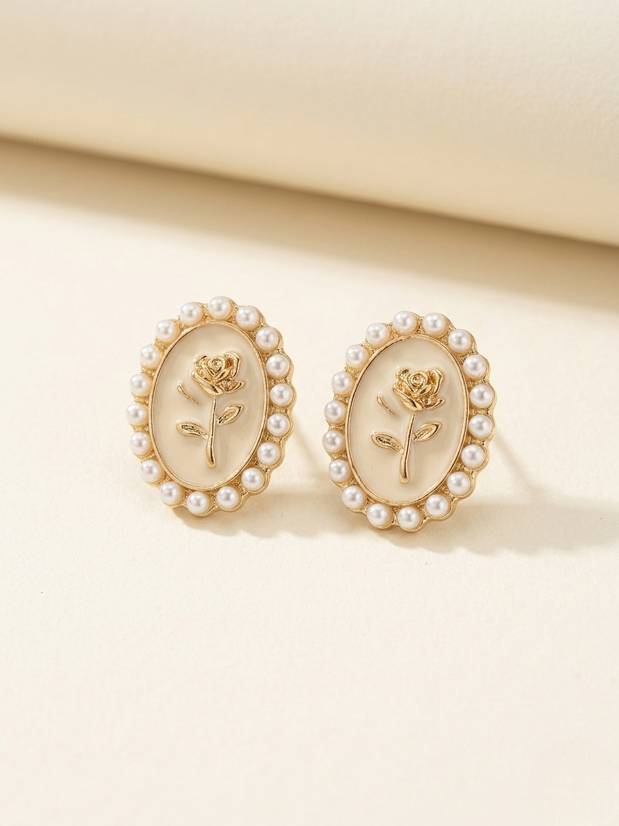 Classic Rose Motif Pearl Stud Earrings