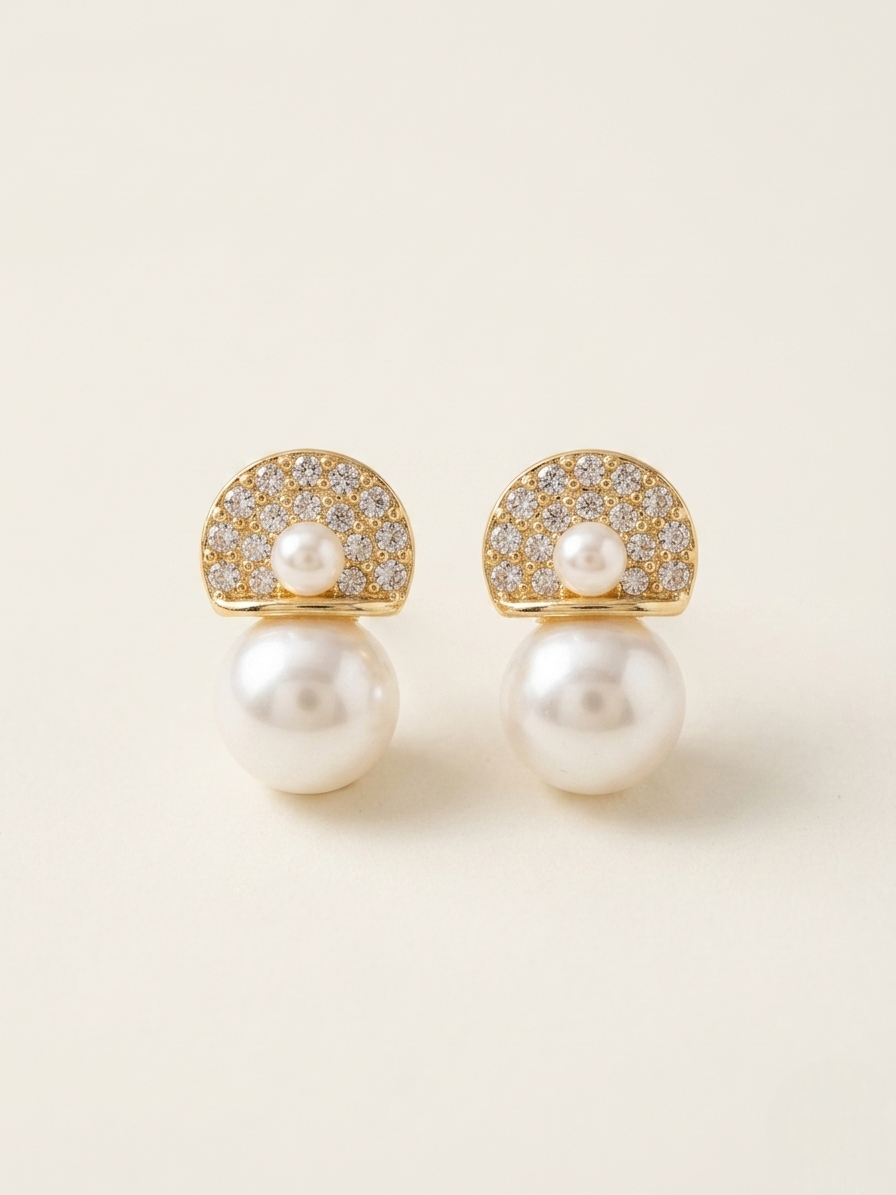 Crystal Half-Moon Pearl Drop Earrings