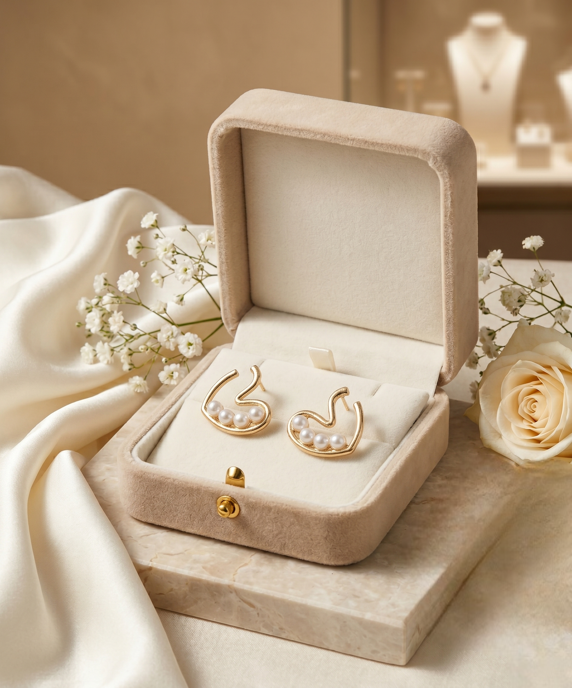 Golden Wave Pearl Cluster Stud Earrings