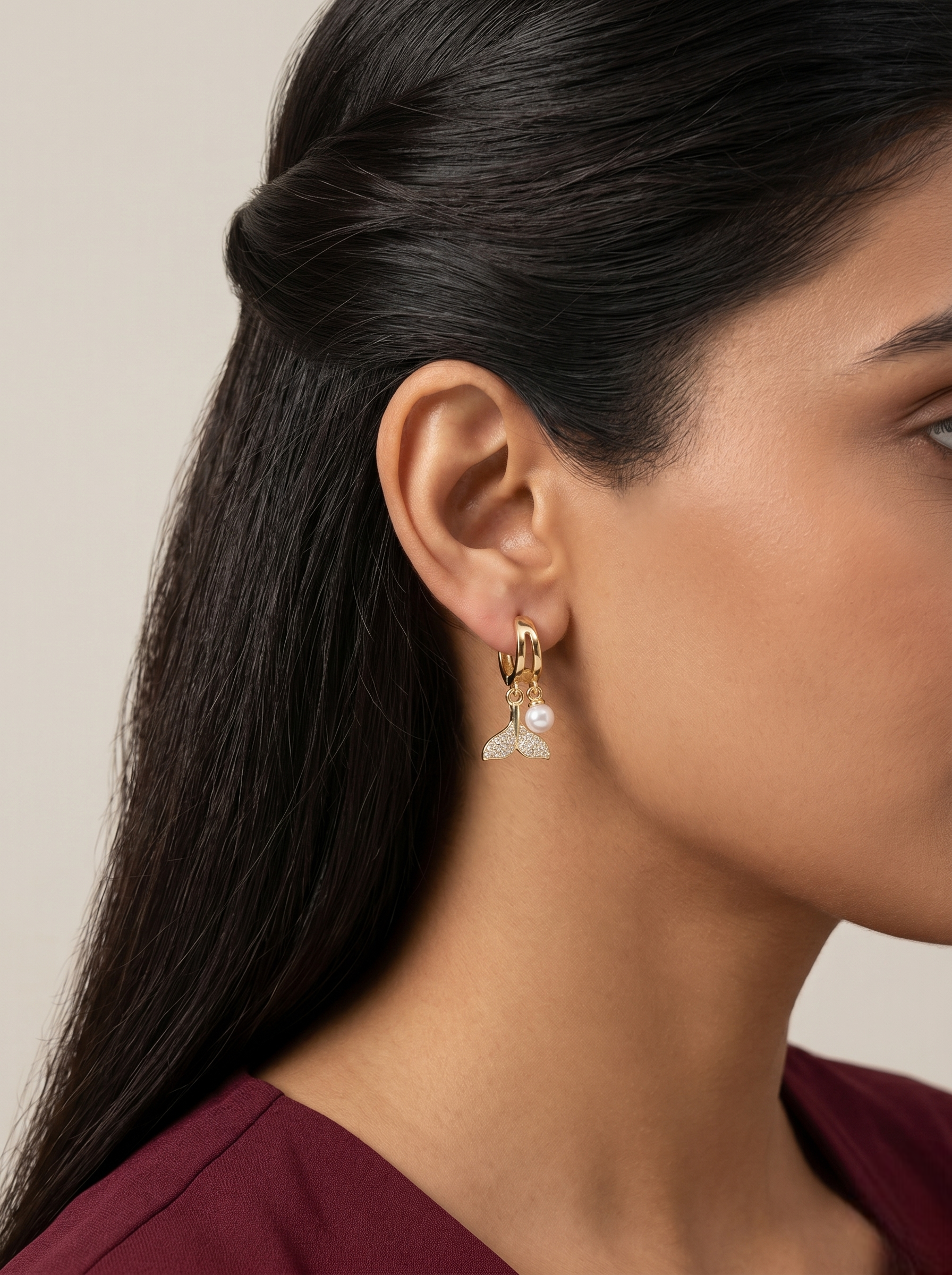 Gold Mermaid Tail Pearl Hoop Earrings