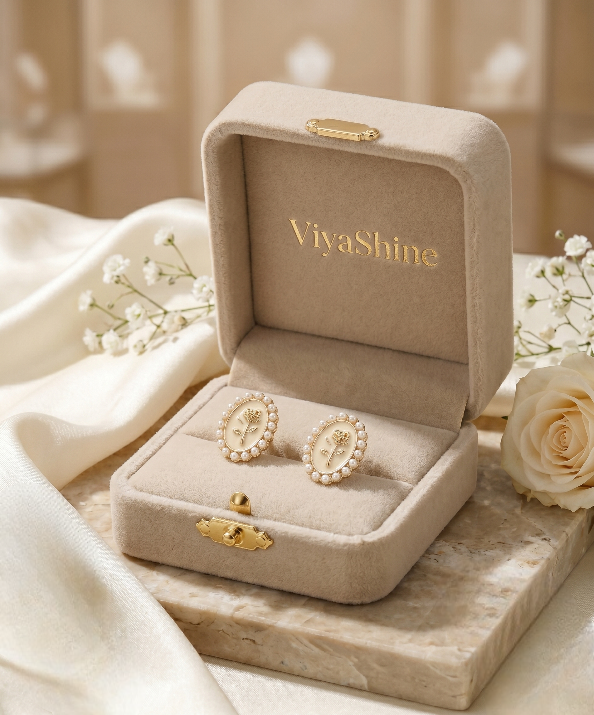 Classic Rose Motif Pearl Stud Earrings