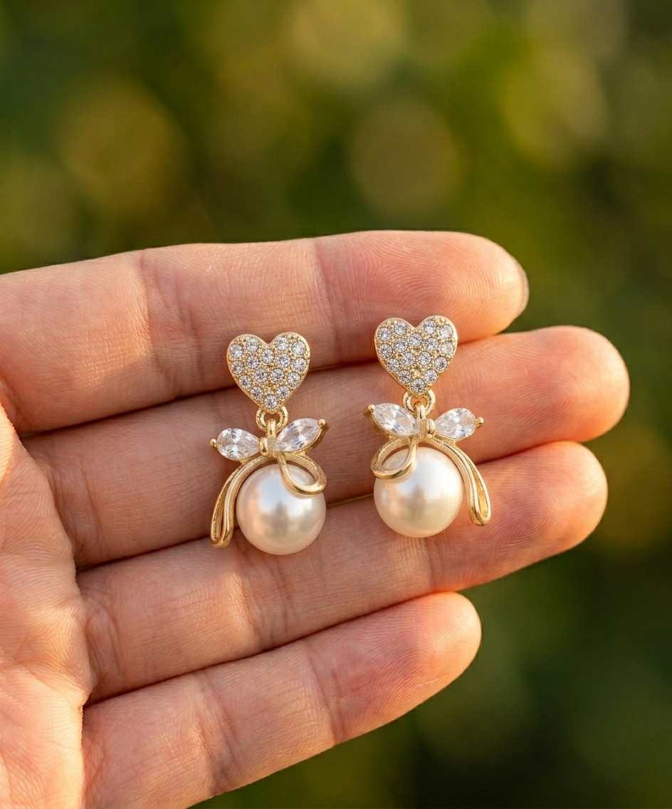 Sweetheart Pearl Bow Drop Earrings