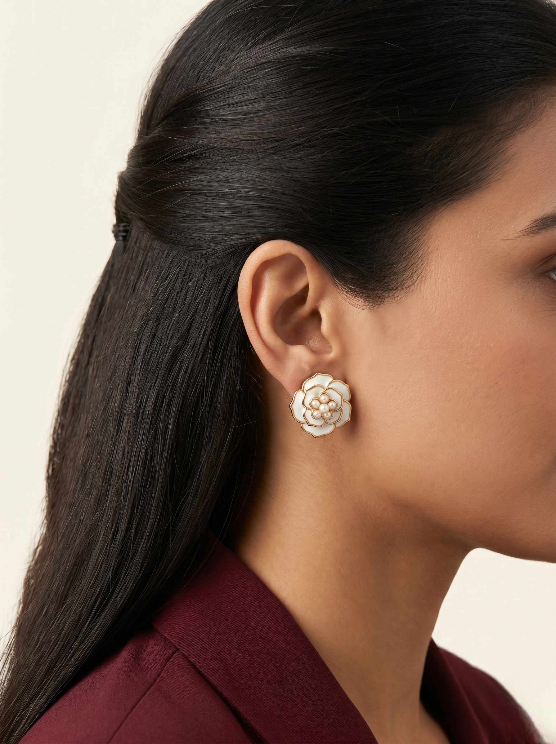 Enamel Rose Pearl Stud Earrings