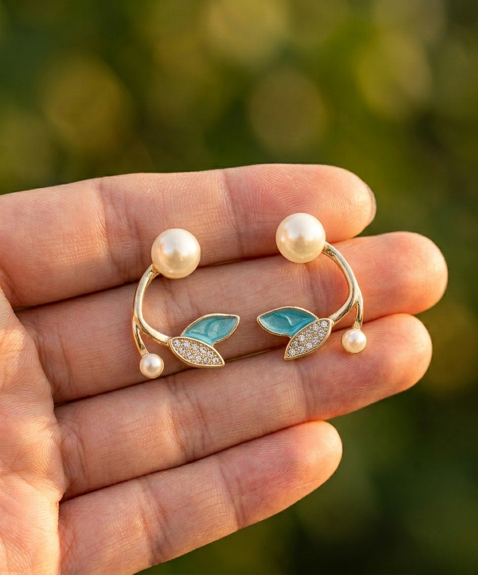 Ocean Pearl Leaf Cuff Earrings