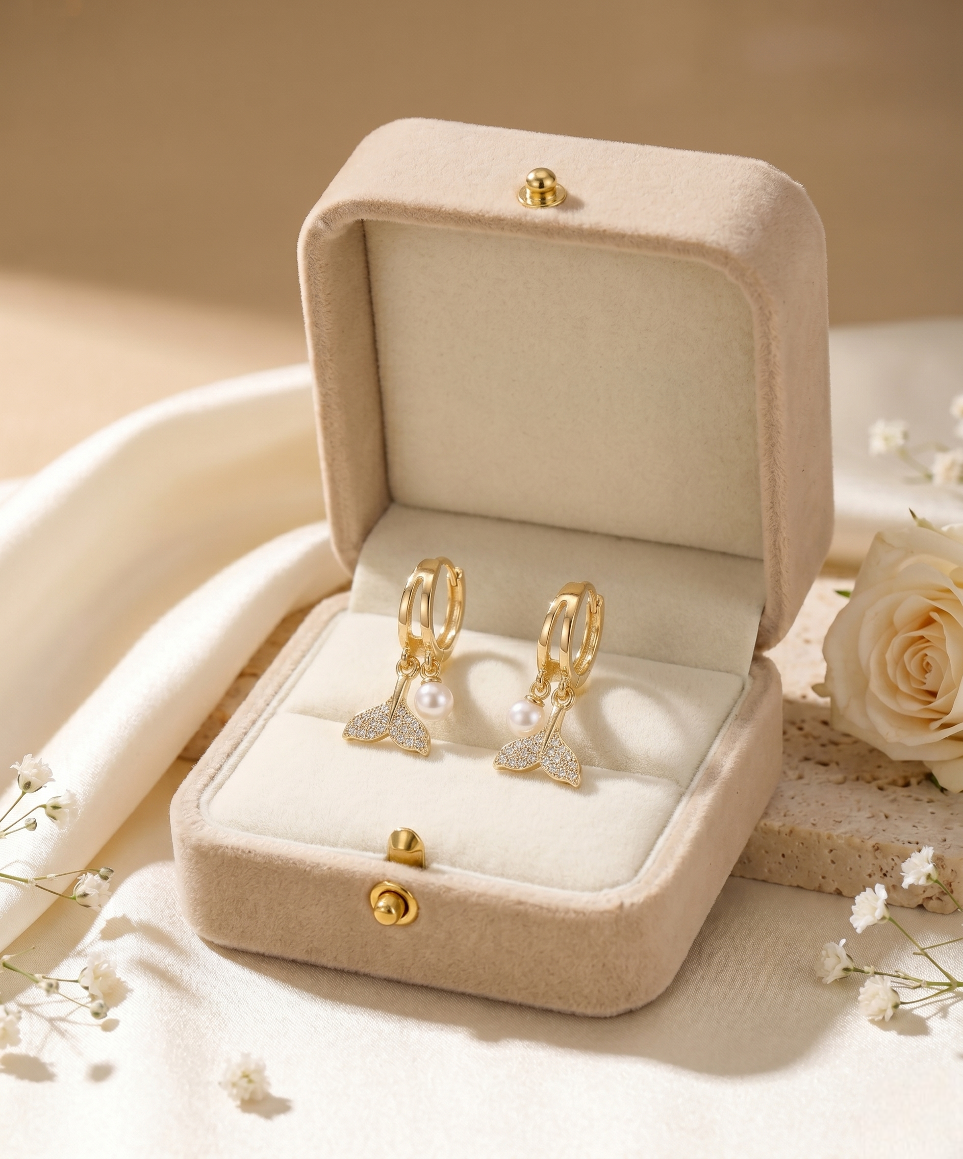 Gold Mermaid Tail Pearl Hoop Earrings