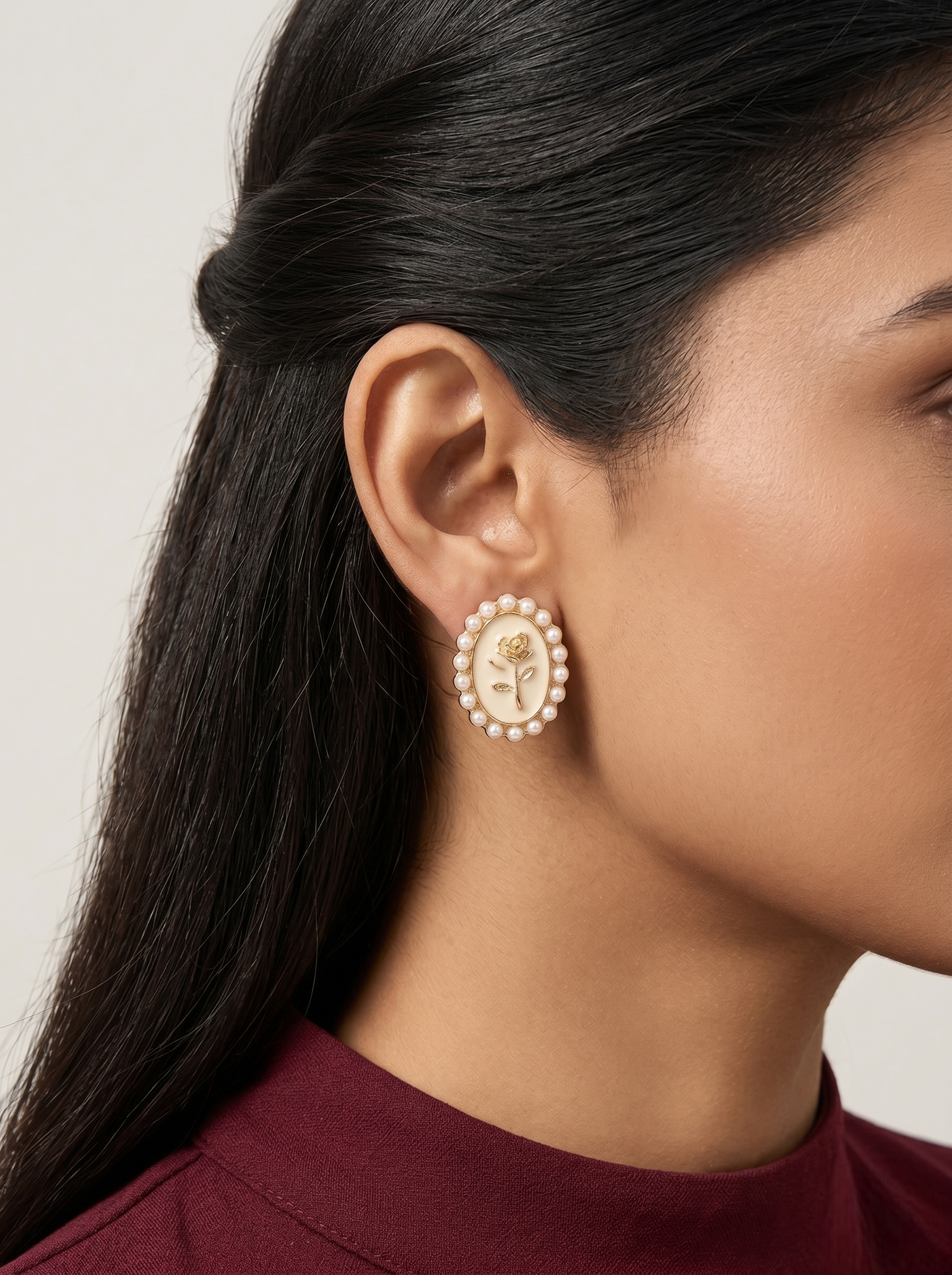 Classic Rose Motif Pearl Stud Earrings