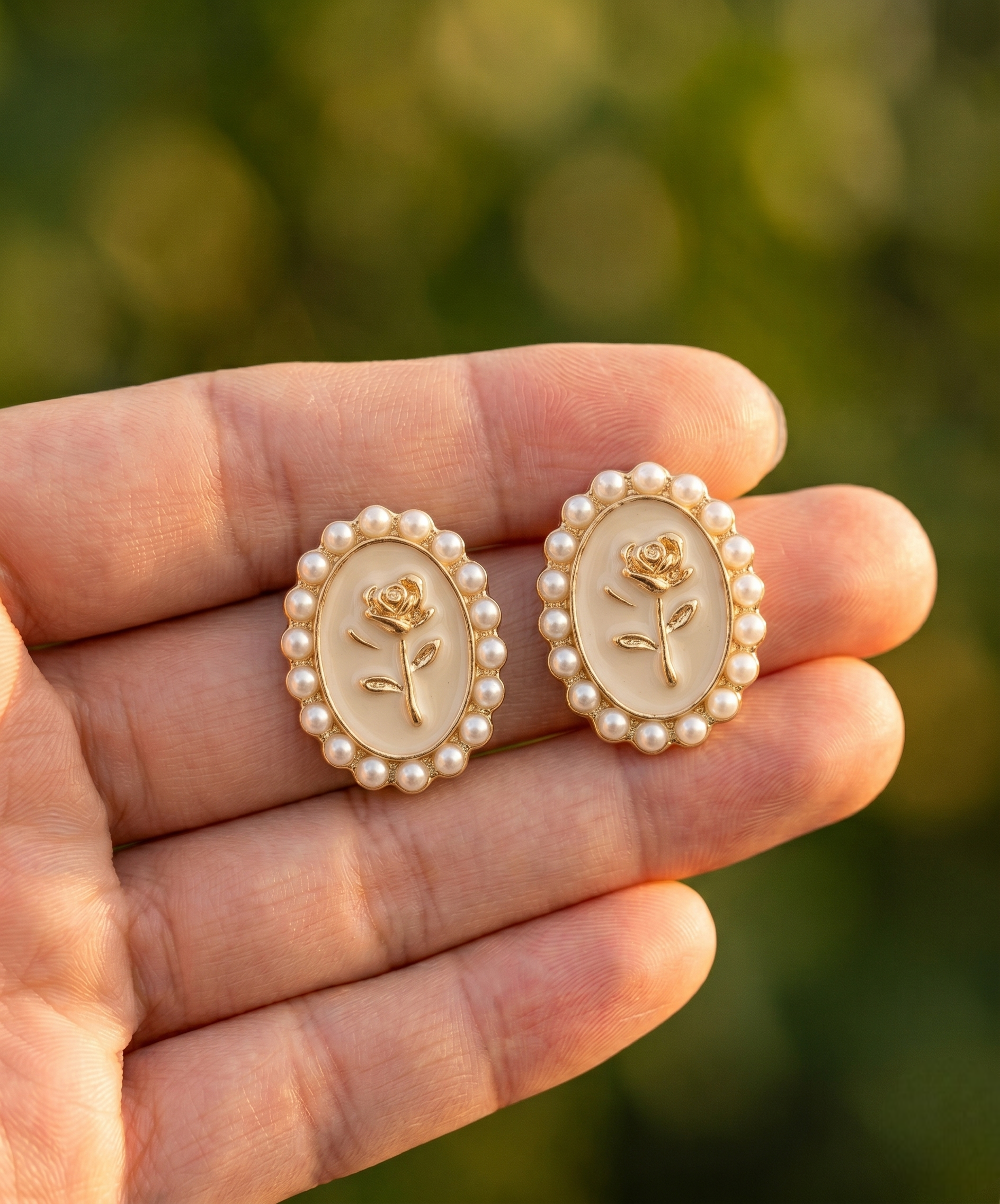 Classic Rose Motif Pearl Stud Earrings