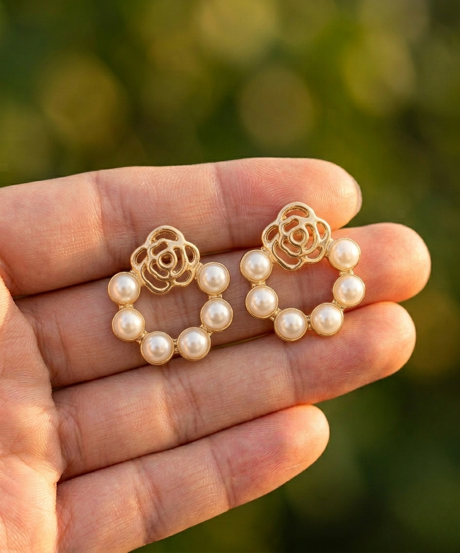 Rosette Pearl Halo Stud Earrings