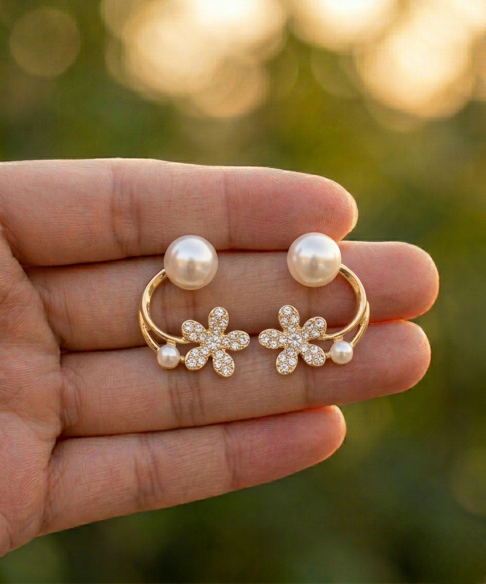 Daisy Pearl Crystal Cuff Earrings