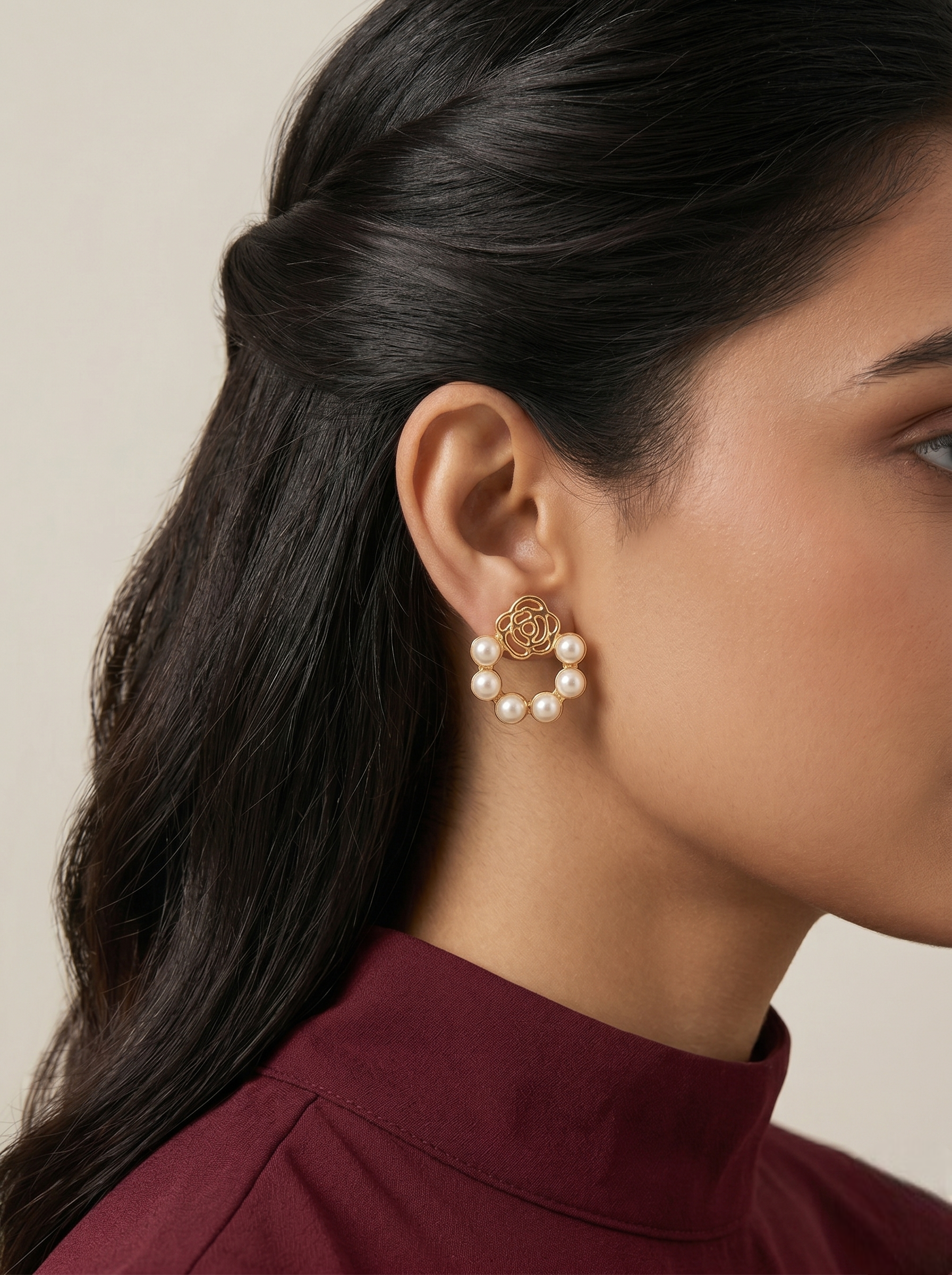 Rosette Pearl Halo Stud Earrings