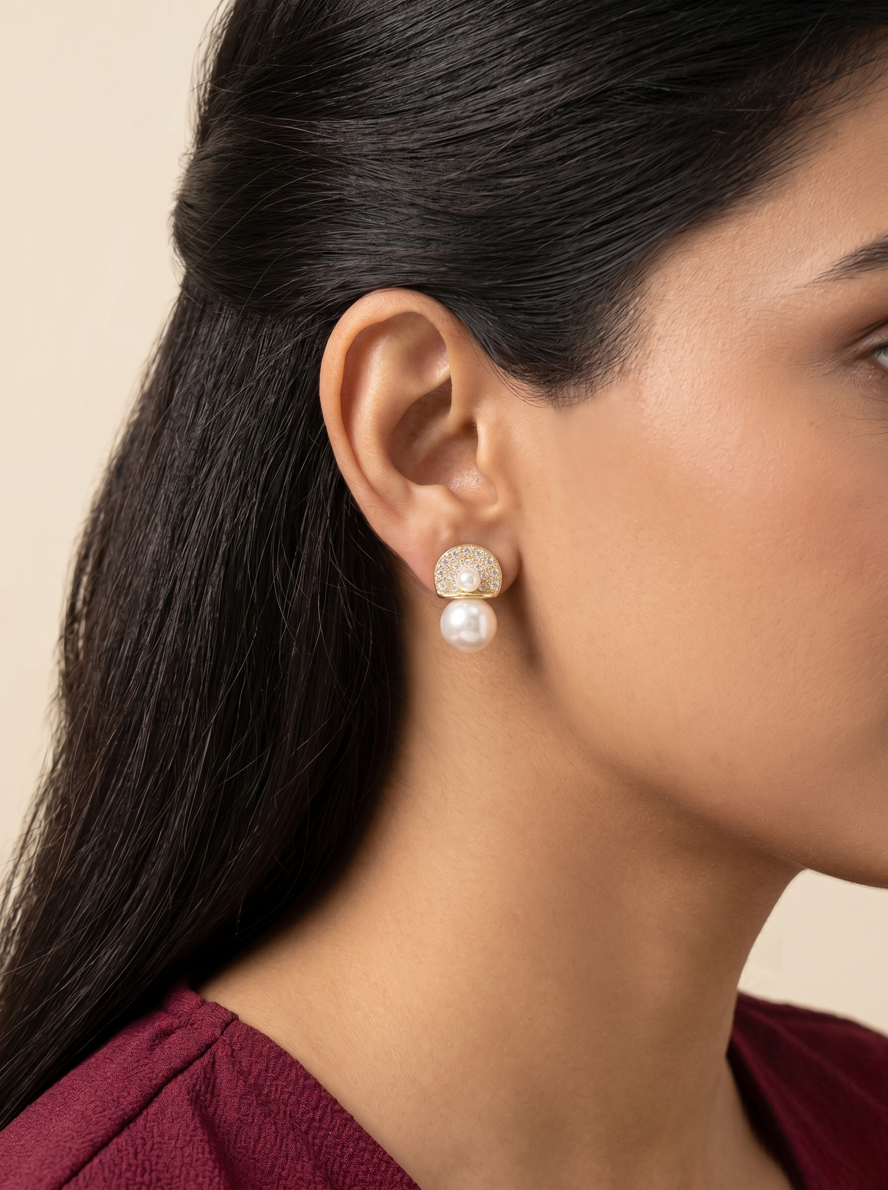 Crystal Half-Moon Pearl Drop Earrings