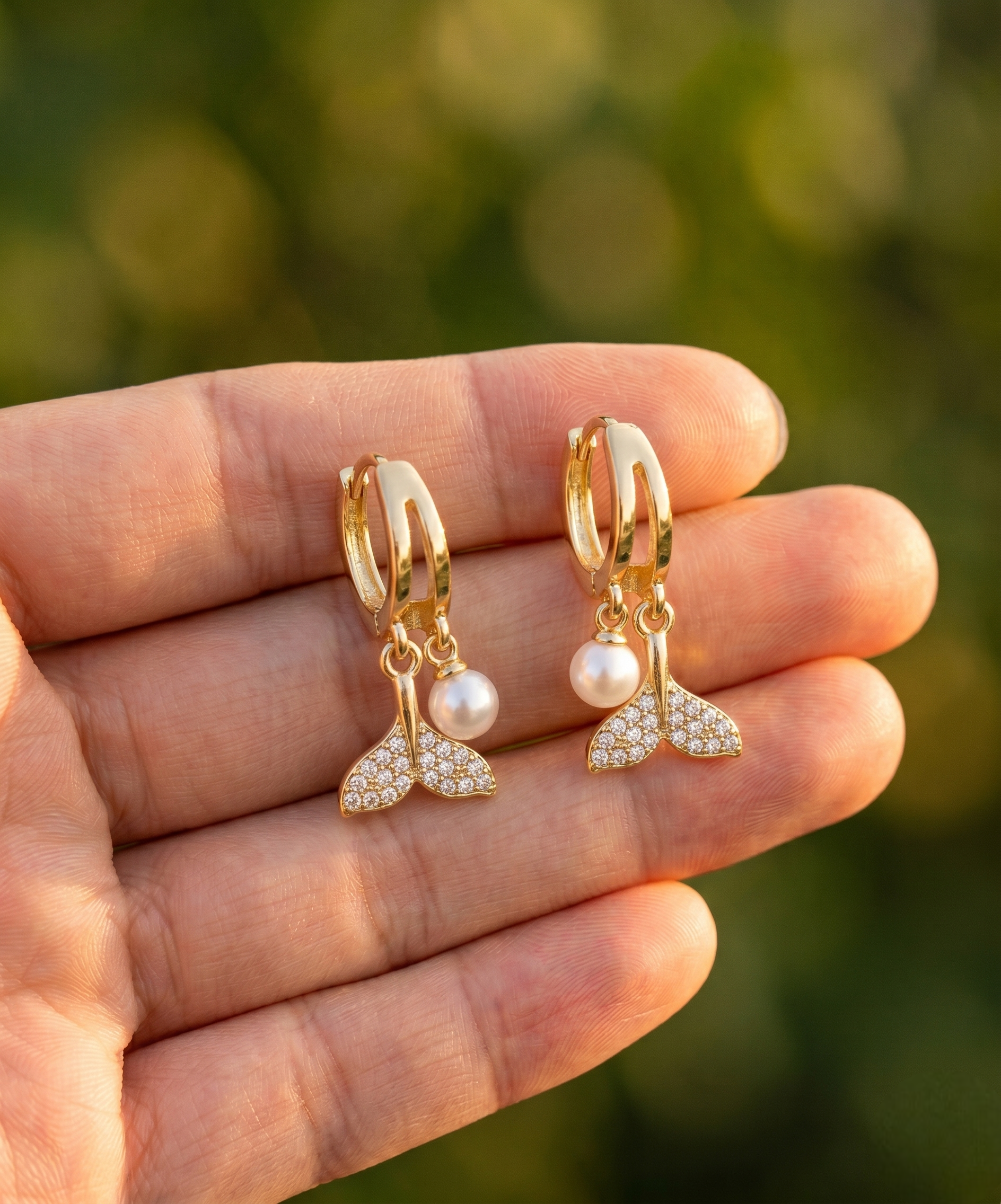 Gold Mermaid Tail Pearl Hoop Earrings