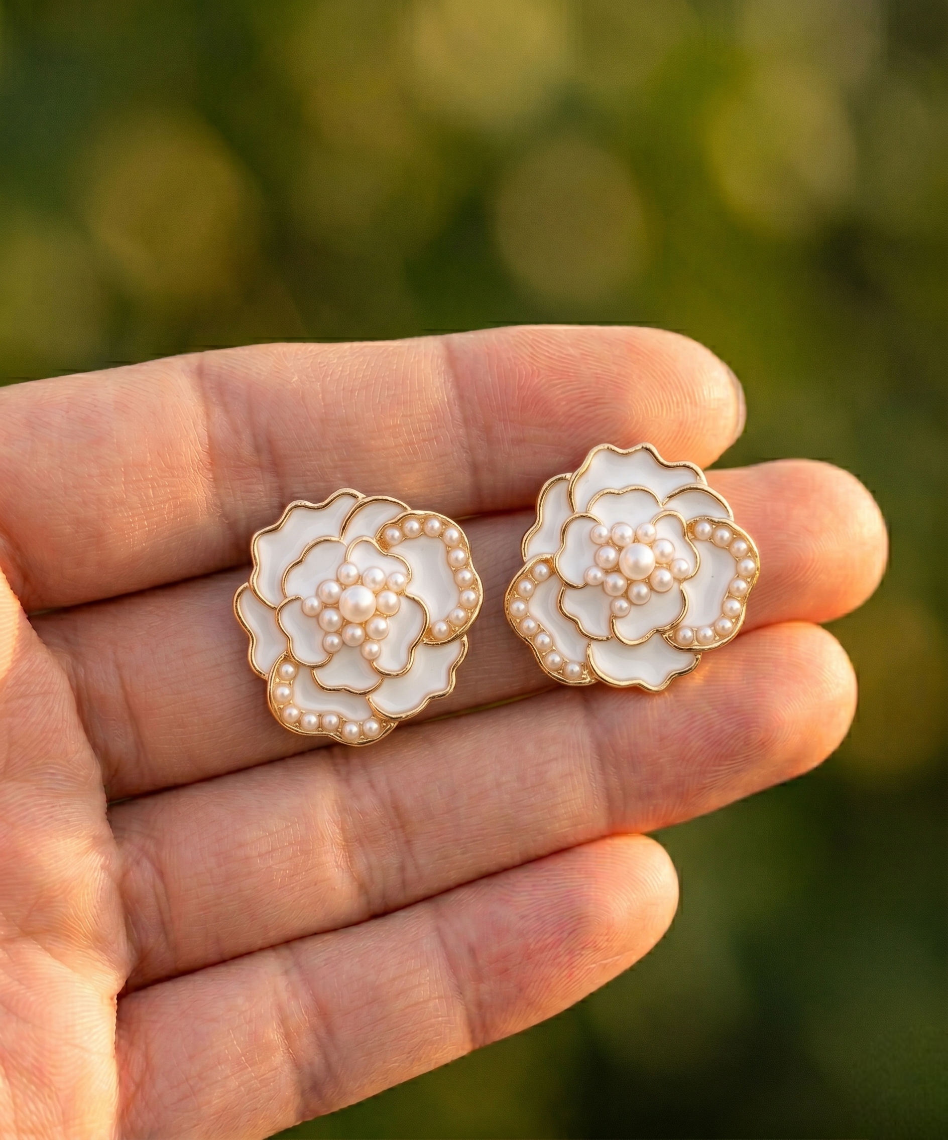 Enamel Rose Pearl Stud Earrings