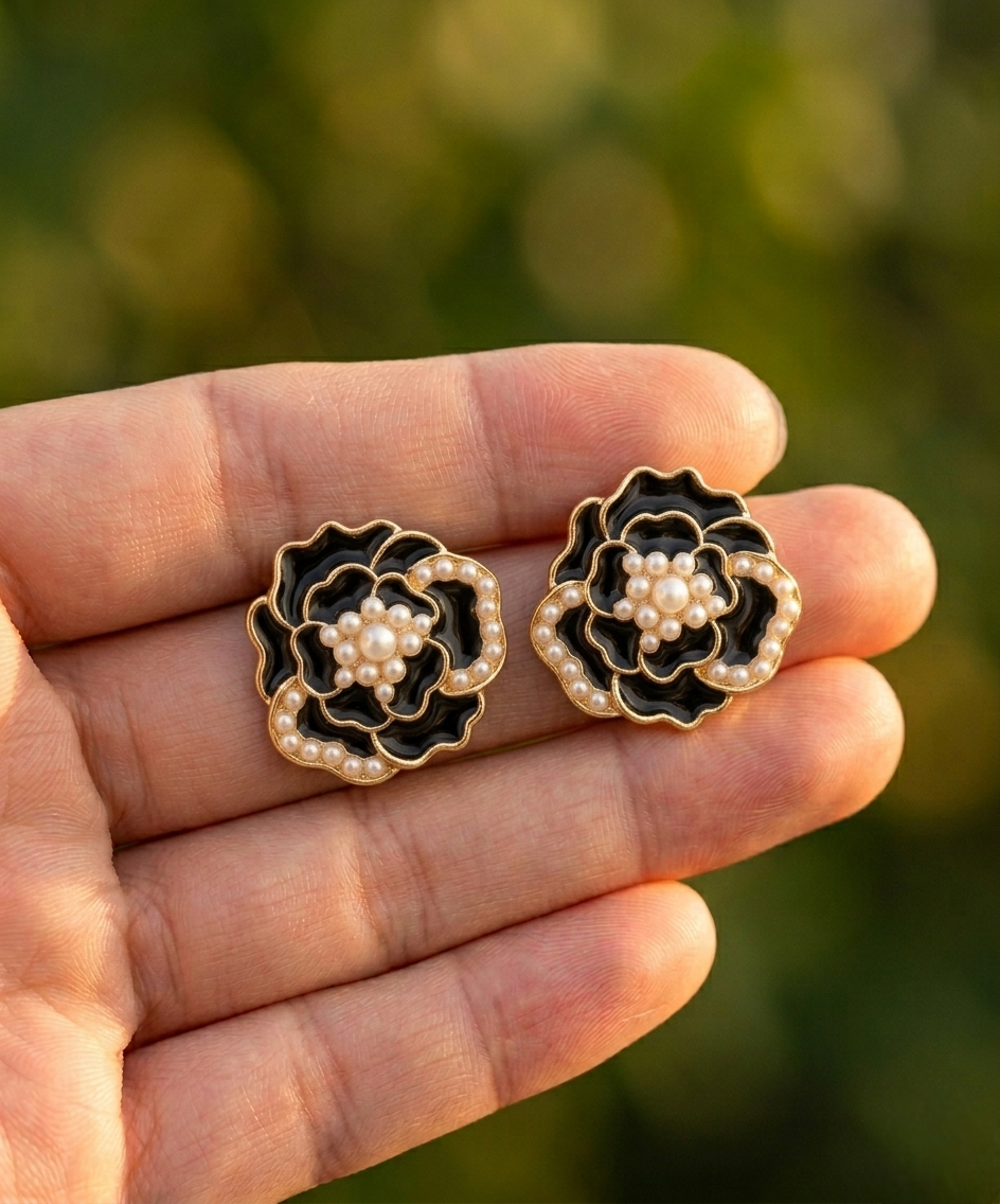 Enamel Rose Pearl Stud Earrings