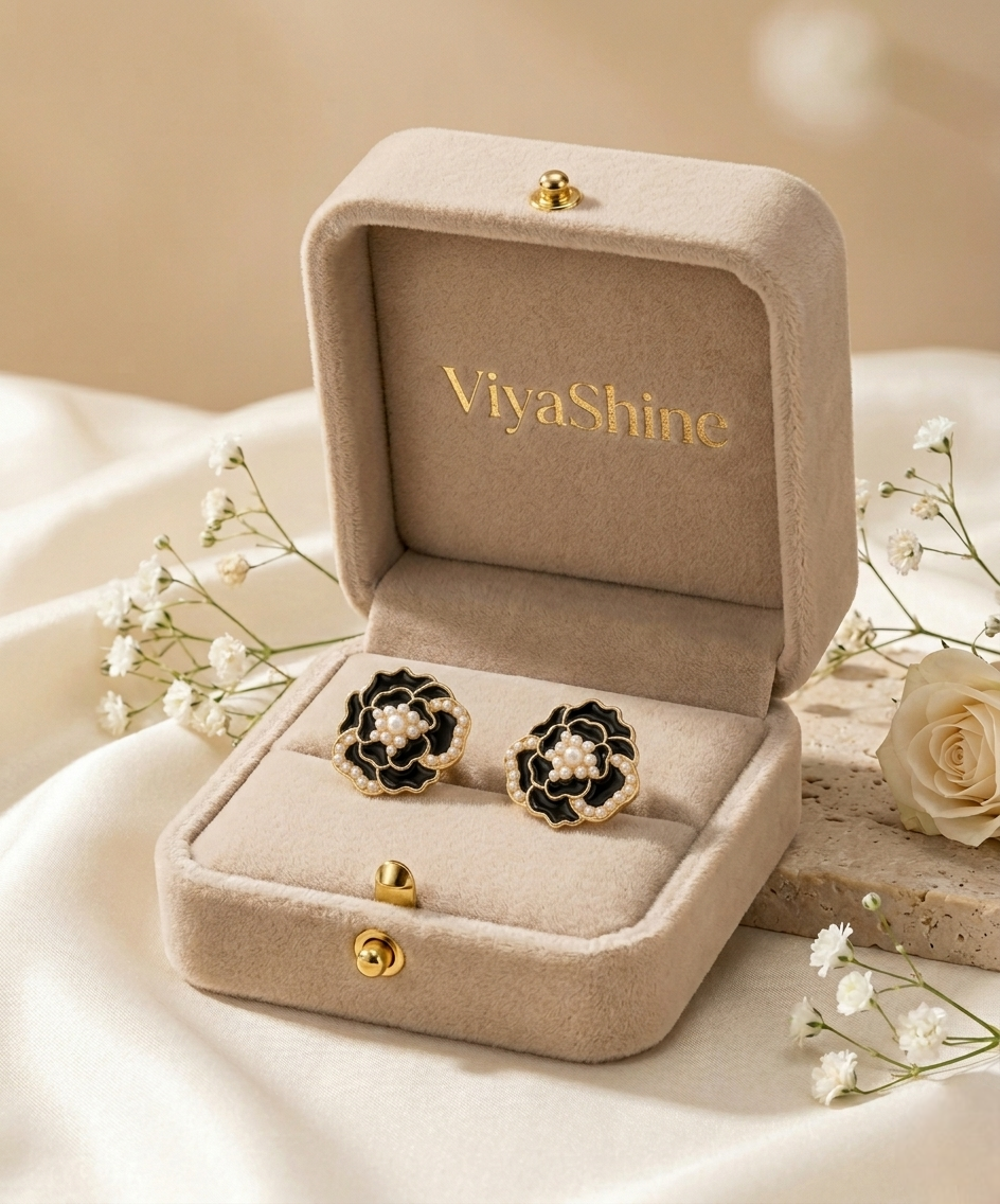 Enamel Rose Pearl Stud Earrings