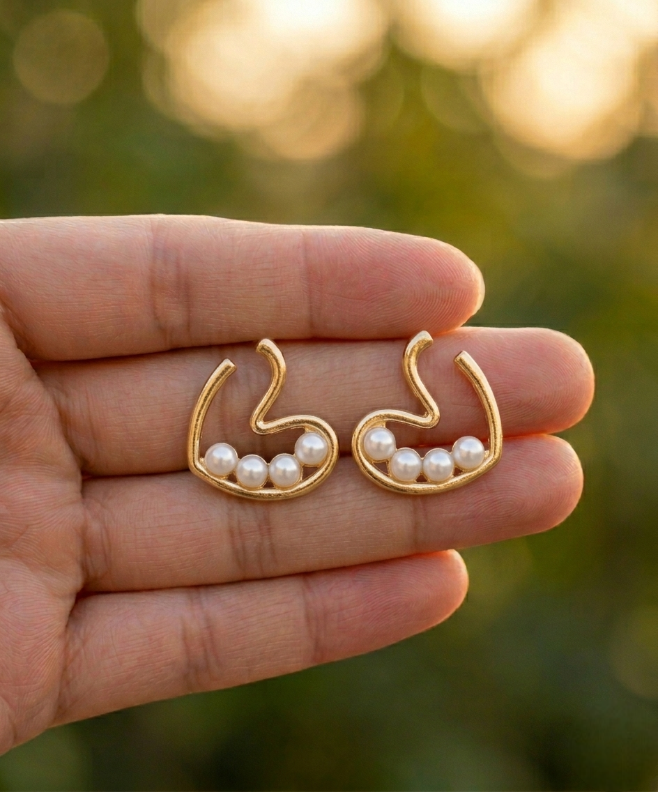 Golden Wave Pearl Cluster Stud Earrings