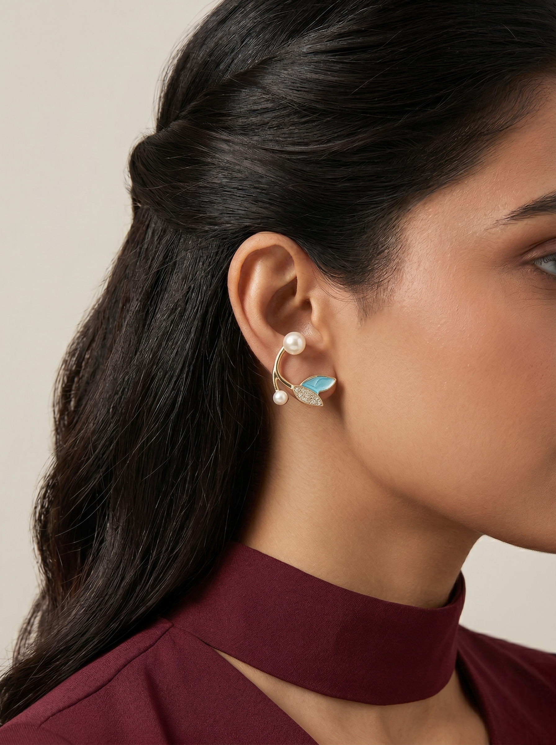 Ocean Pearl Leaf Cuff Earrings