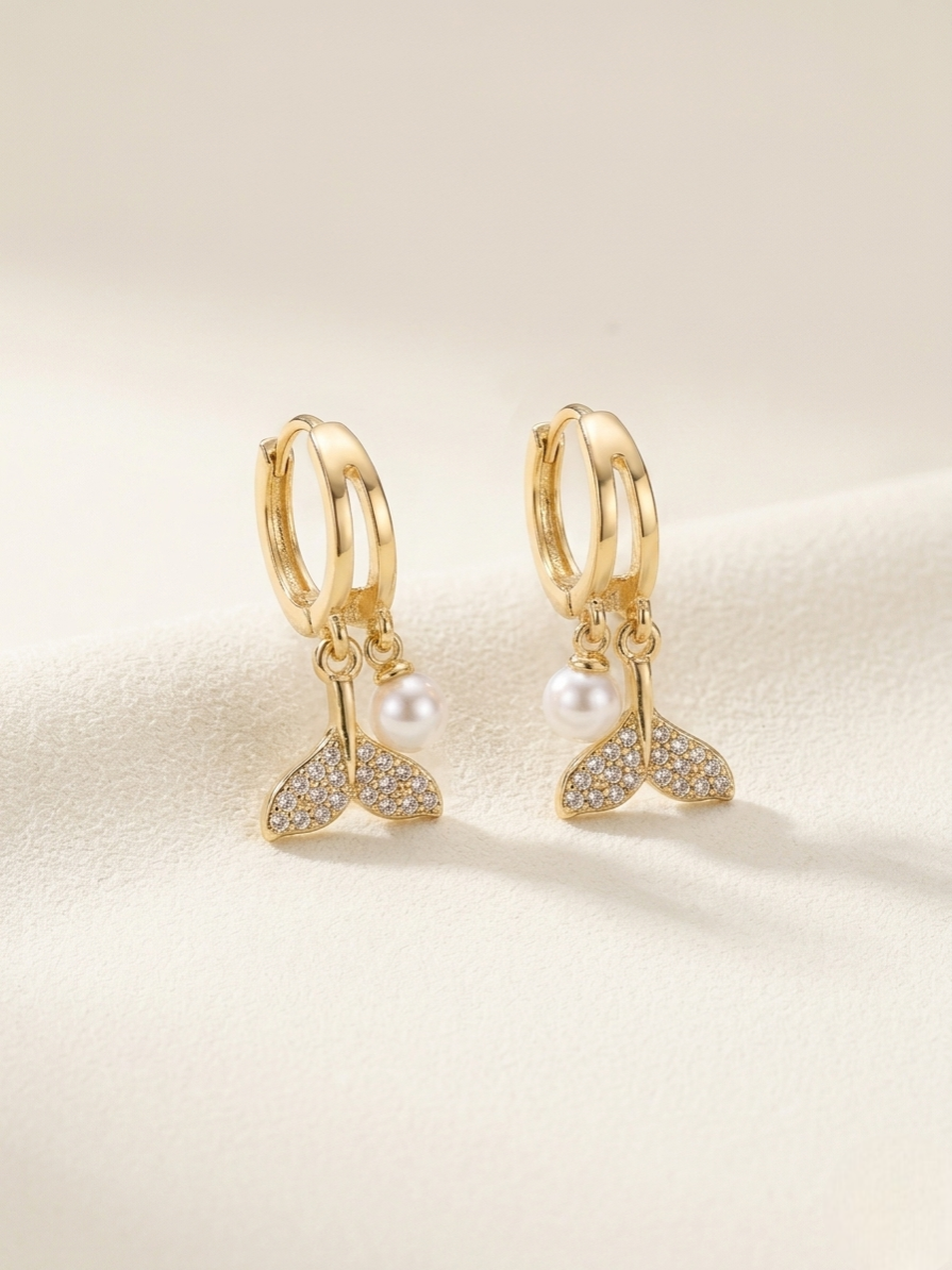 Gold Mermaid Tail Pearl Hoop Earrings