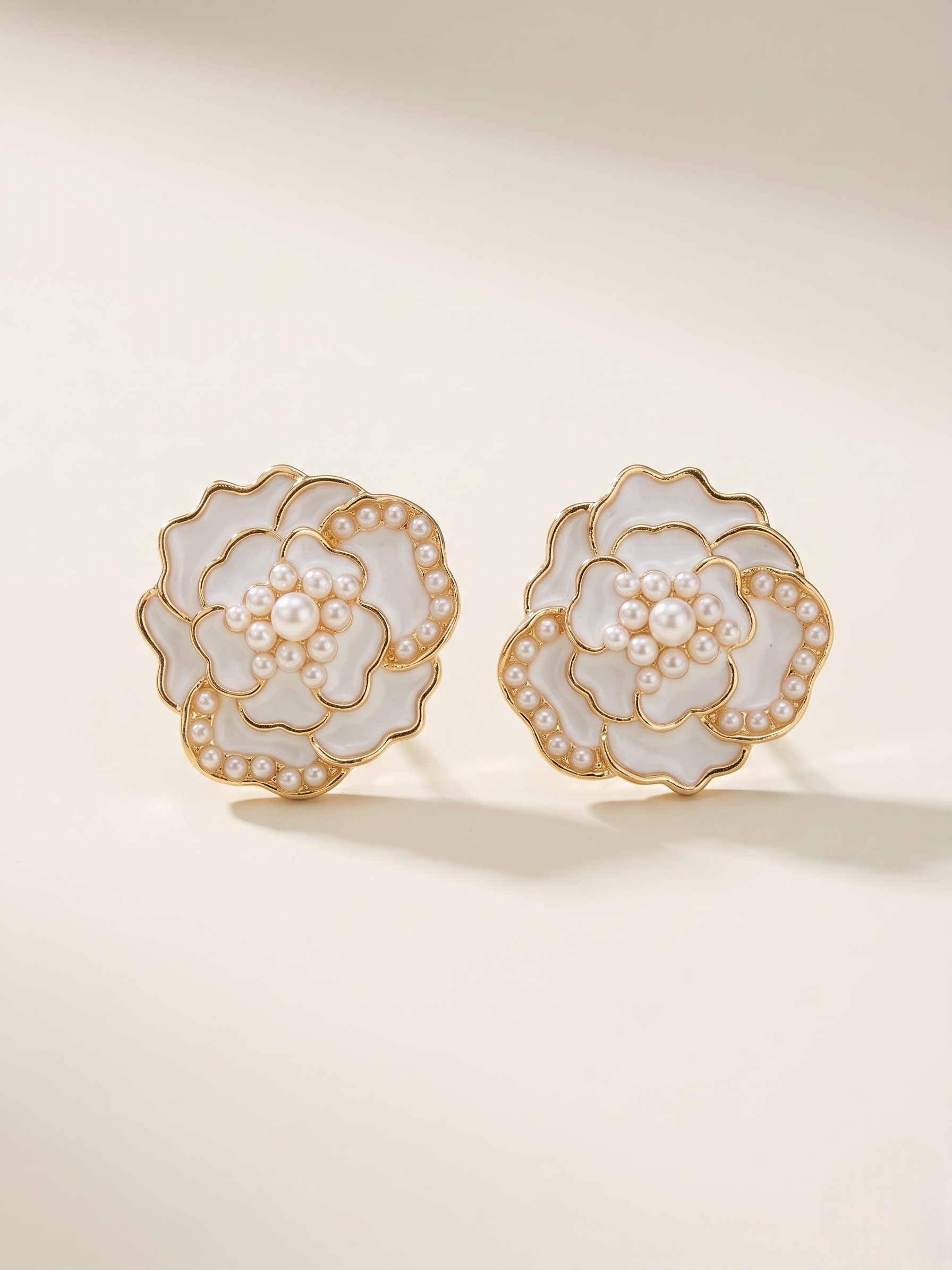Enamel Rose Pearl Stud Earrings